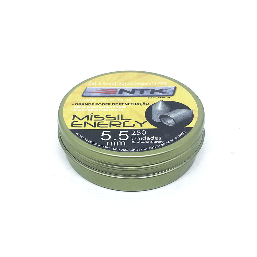 Chumbinho Míssil Energy 5,5 mm TAG com grande poder de penetração - 250 peças