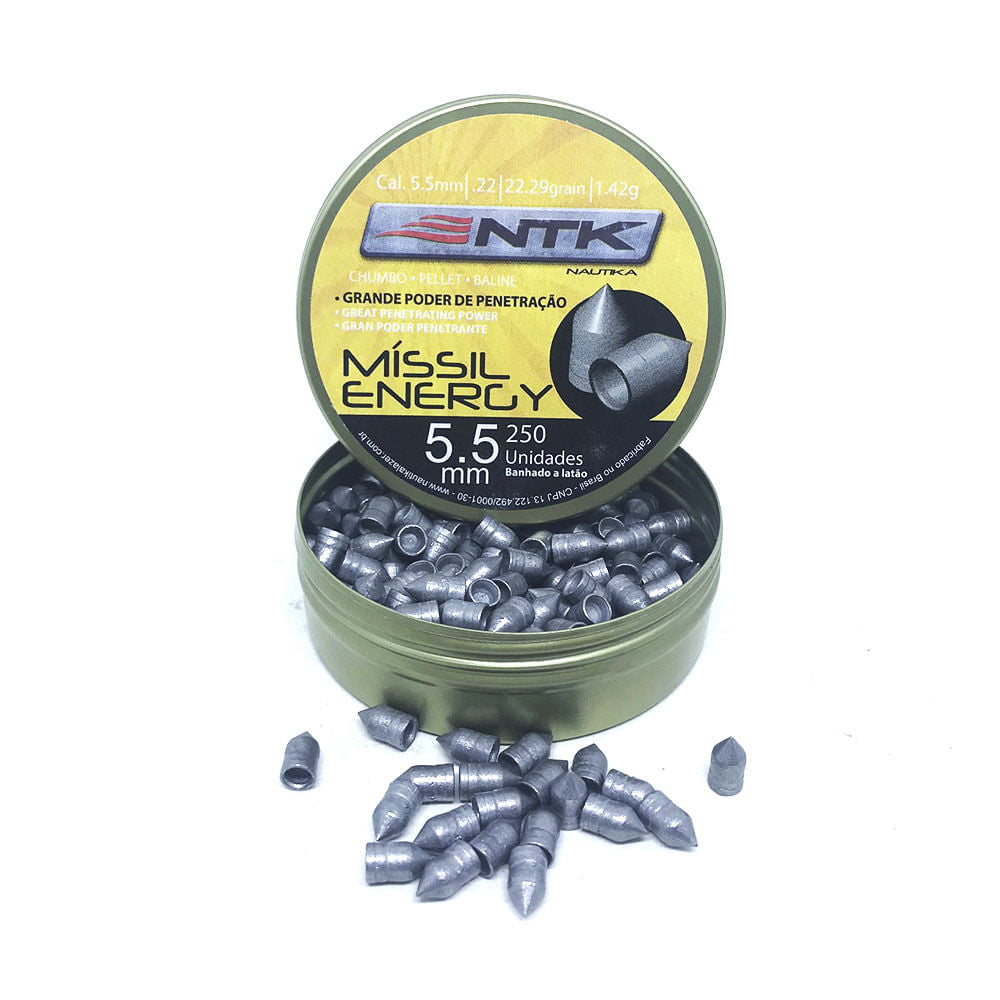 Chumbinho Míssil Energy 5,5 mm TAG com grande poder de penetração - 250 peças