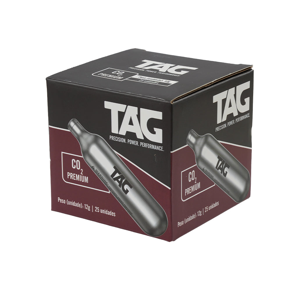 Cápsula de CO2 Premium 12g TAG Caixa com 25 Unidades