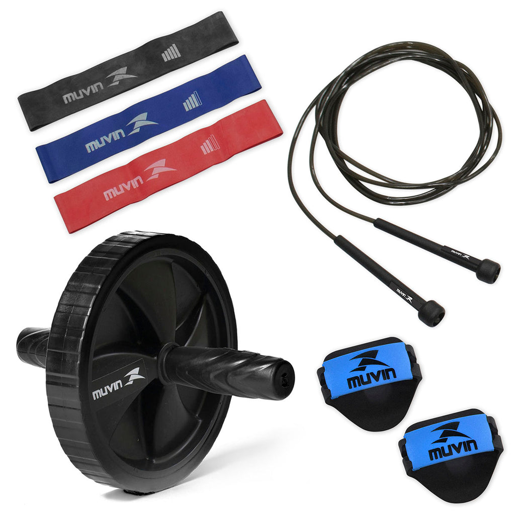 Kit Mini Band 3 Tensões + Corda Pular + Roda Abdominal Muvin