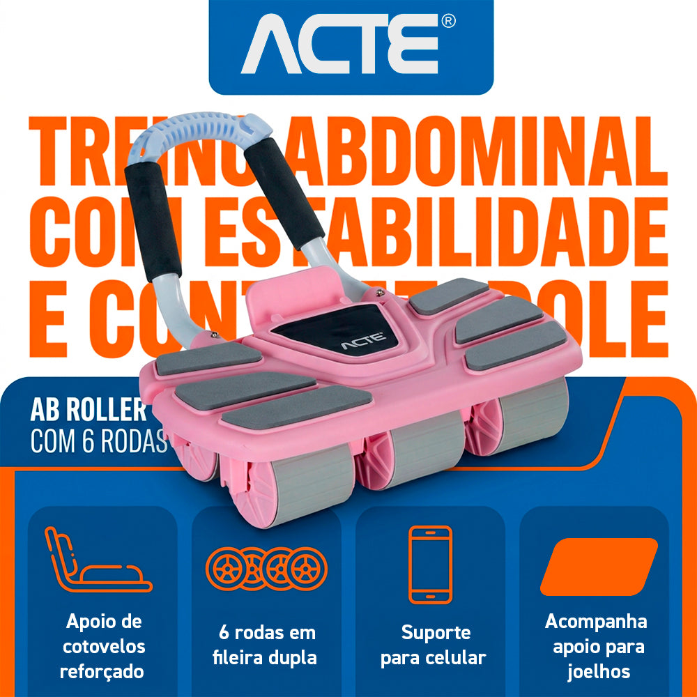 Roda Abdominal AB Roller com 6 Rodas - Rosa
