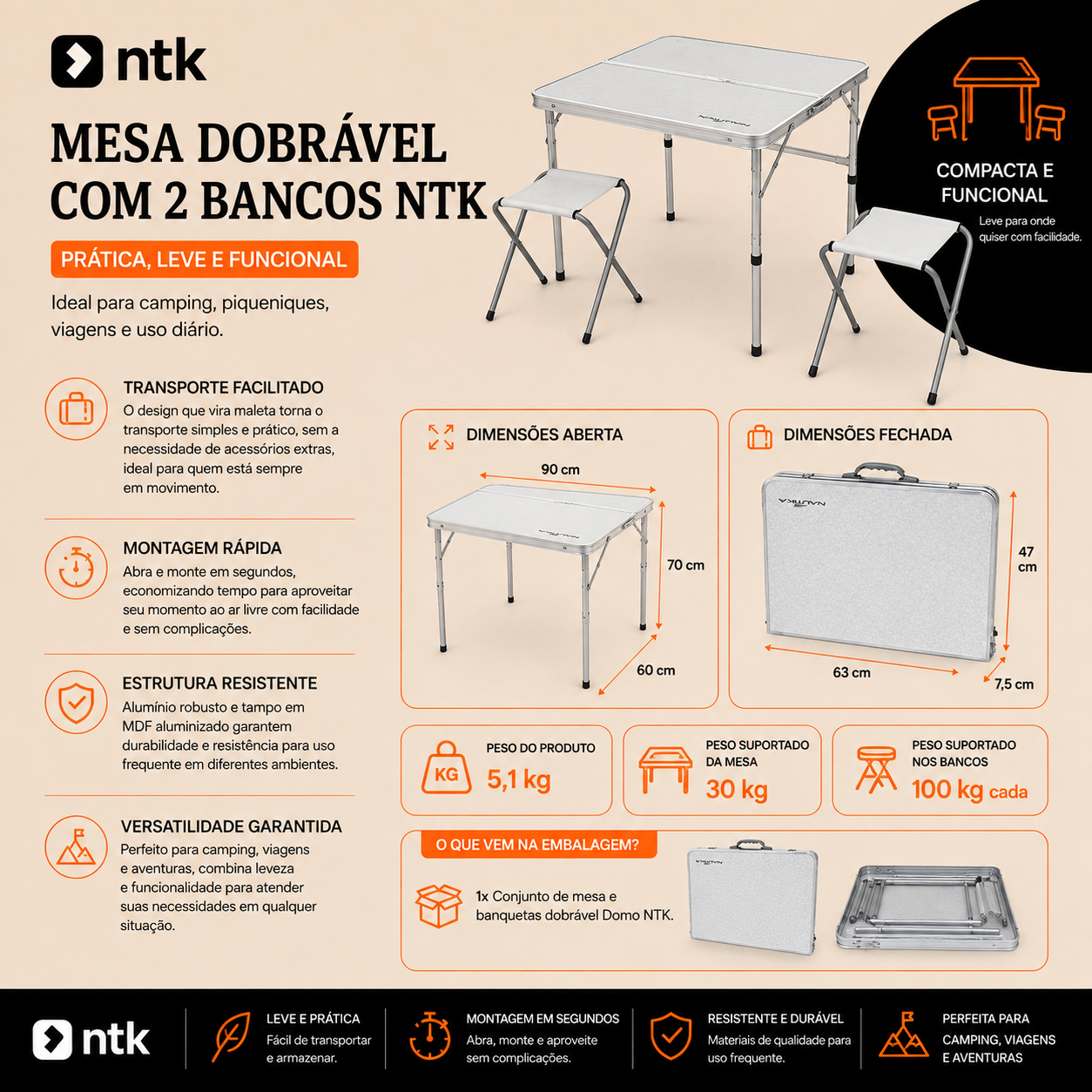 Conjunto de mesa e banquetas dobrável Domo NTK