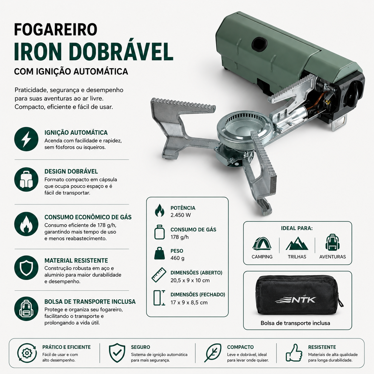 Fogareiro Iron Dobrável com Ignição Automática NTK