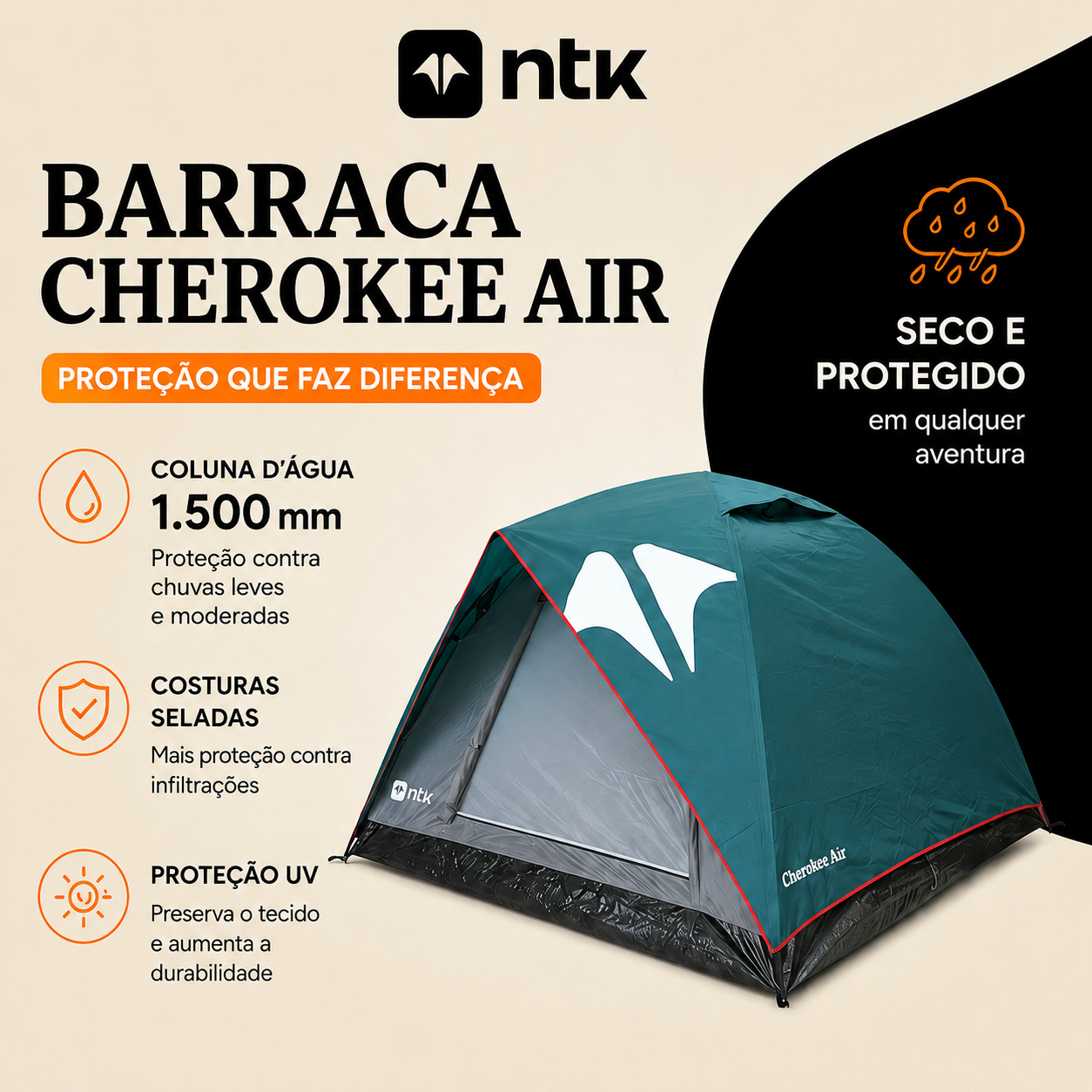 Barraca de Camping NTK Cherokee Air para 4 Pessoas Impermeável 1500mm