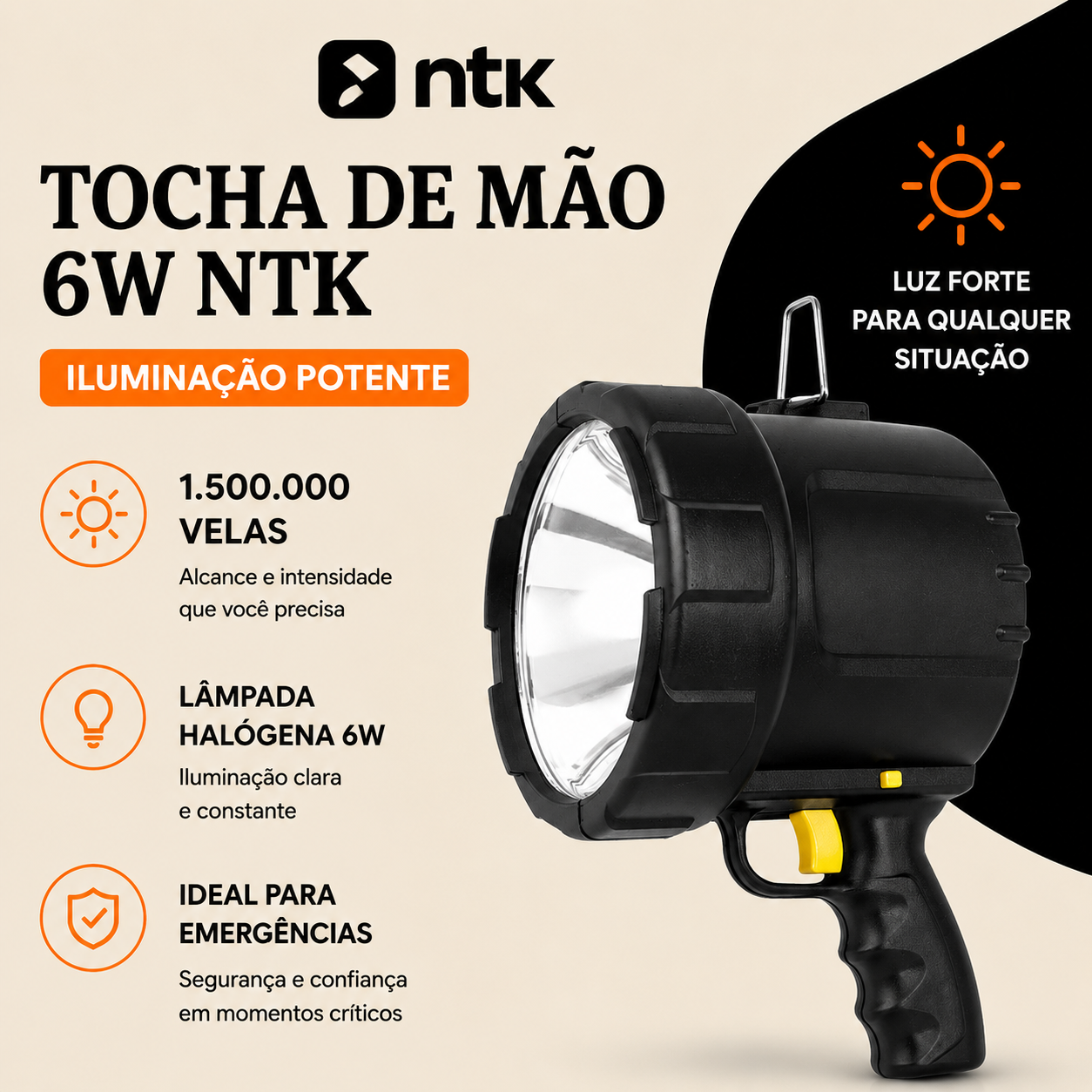 Tocha de Mão 6W NTK Iluminação Potente para Emergências