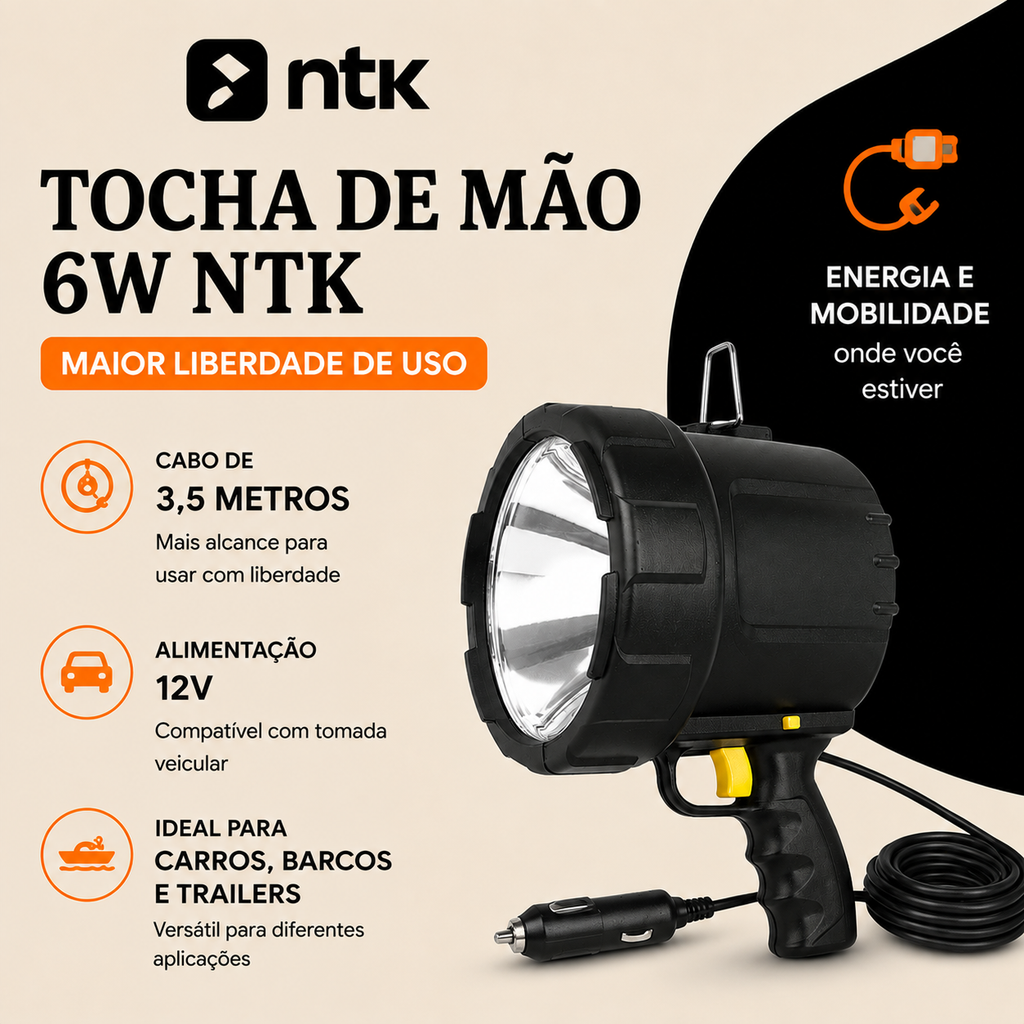 Tocha de Mão 6W NTK Iluminação Potente para Emergências