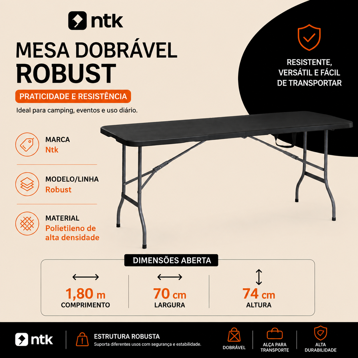 Mesa Dobrável Robust 1,80m Polietileno Alta Densidade NTK