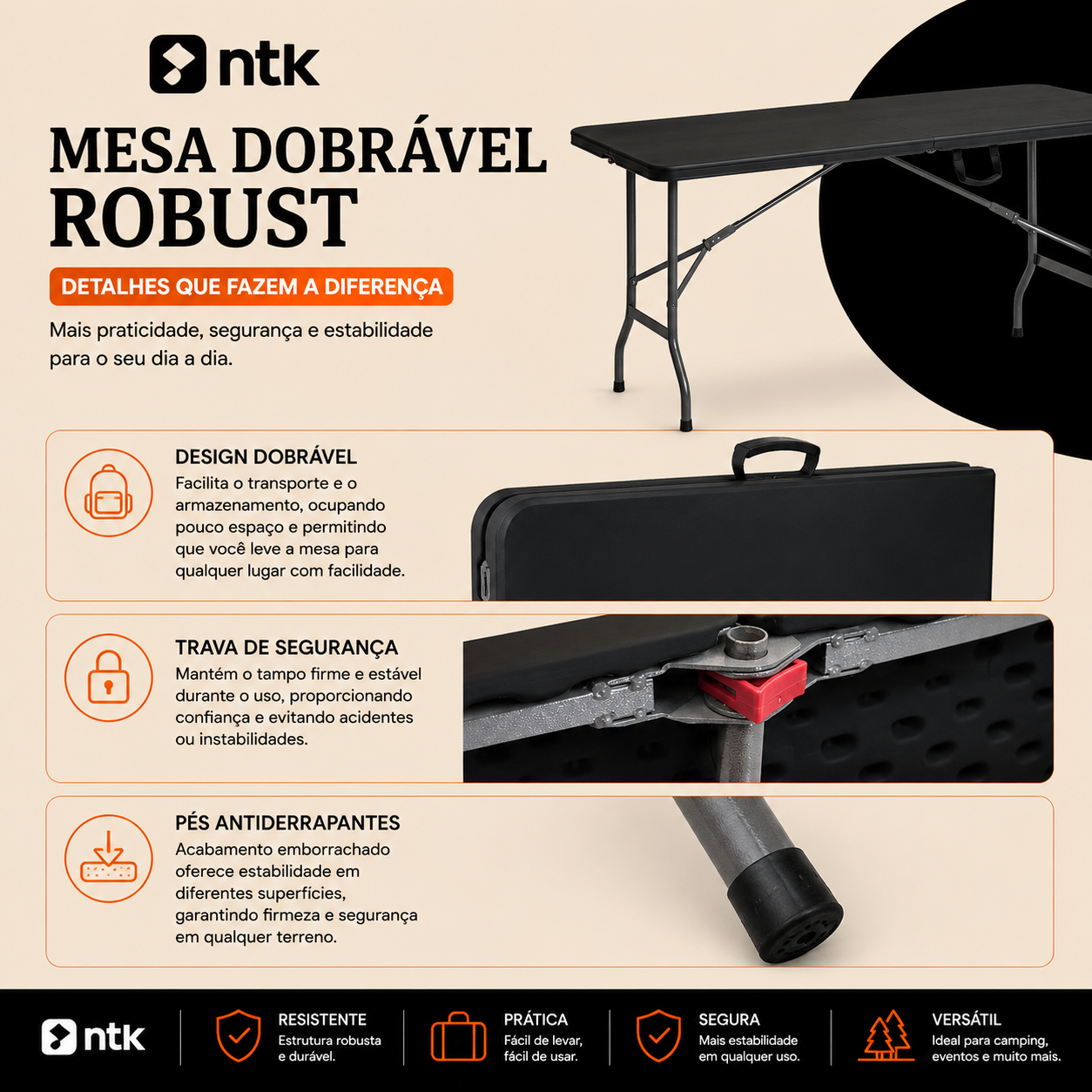 Mesa Dobrável Robust 1,80m Polietileno Alta Densidade NTK
