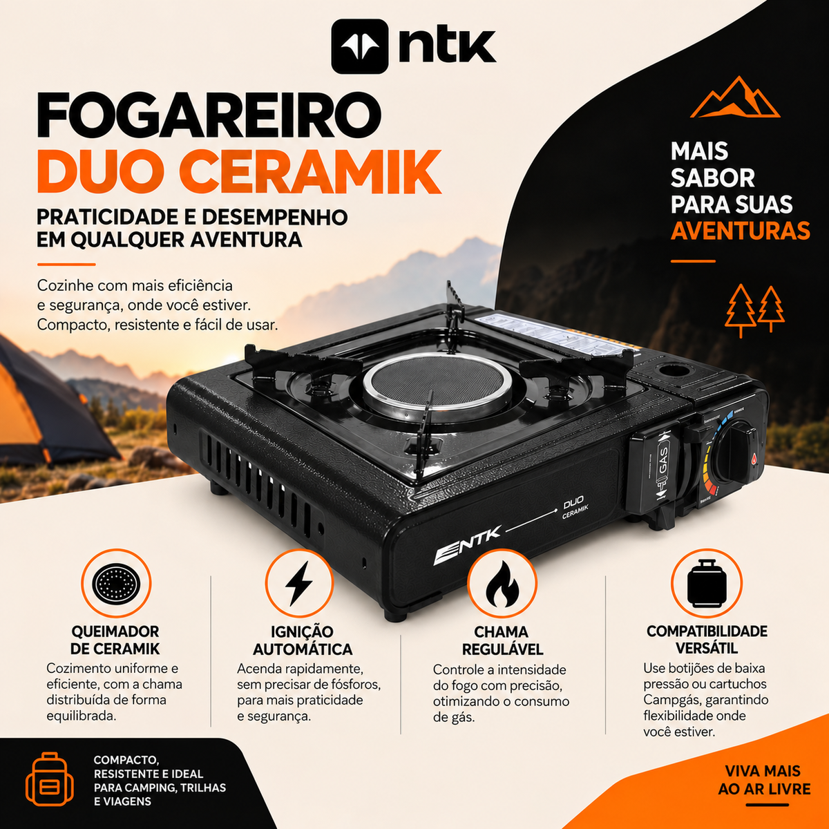 Fogareiro de Mesa Portátil Duo Ceramik NTK com Queimador de Cerâmica e Maleta