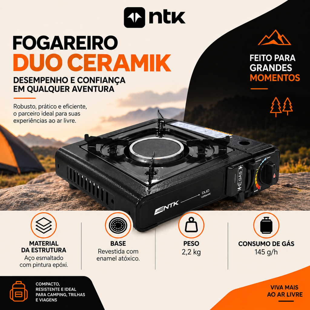 Fogareiro de Mesa Portátil Duo Ceramik NTK com Queimador de Cerâmica e Maleta