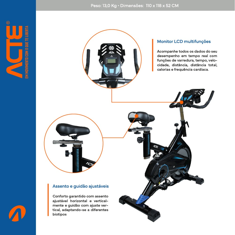Bicicleta Spinning Pro com Freio Mecânico Azul E17 Acte Sports