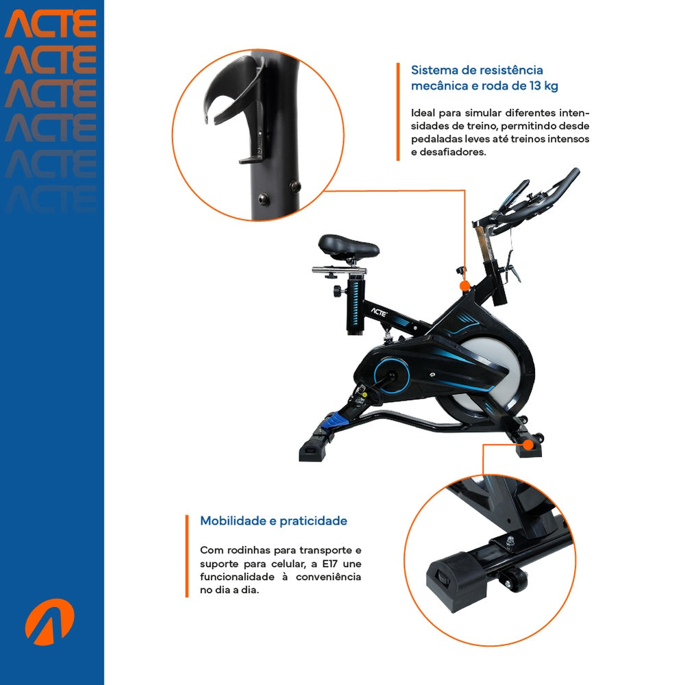 Bicicleta Spinning Pro com Freio Mecânico Azul E17 Acte Sports