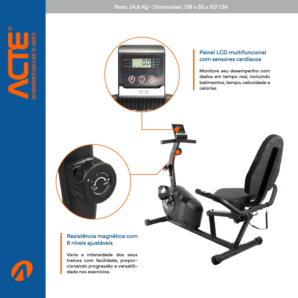 Bicicleta Ergométrica Horizontal Magnética E26 Acte Sports