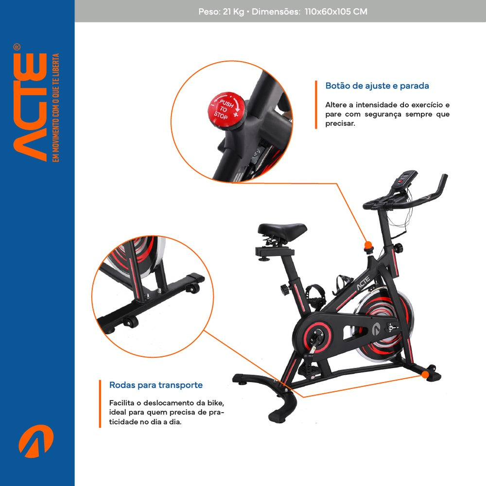 Bicicleta Spinning Vermelha E33 Acte Sports Roda de Inércia 6 kg