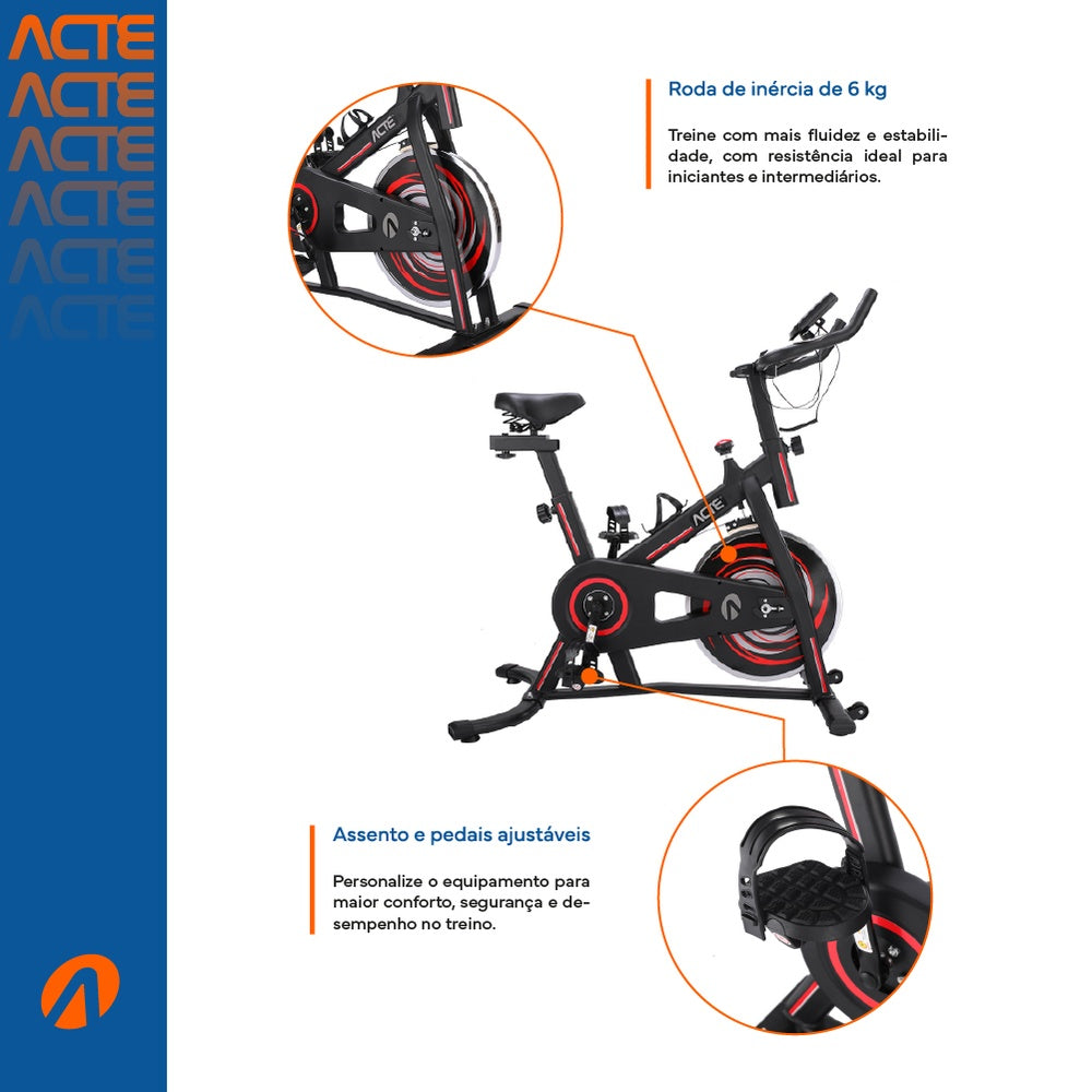 Bicicleta Spinning Vermelha E33 Acte Sports Roda de Inércia 6 kg