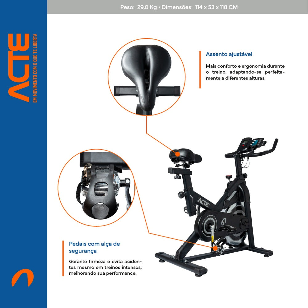 Bicicleta de Spinning Cinza E34 Acte Sports Roda de Inércia 10kg