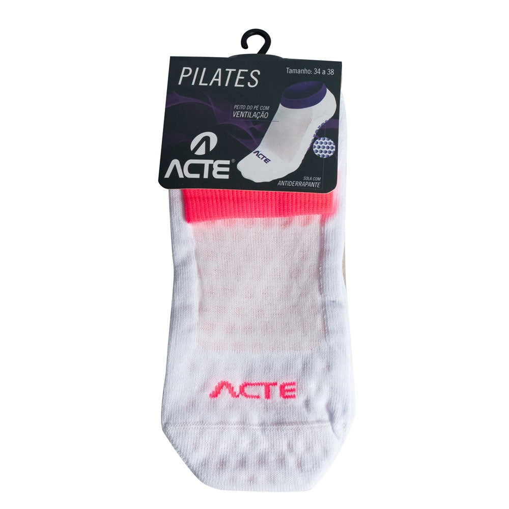 Meias Pilates Algodão Antiderrapante F3-BR Branco Rosa Acte