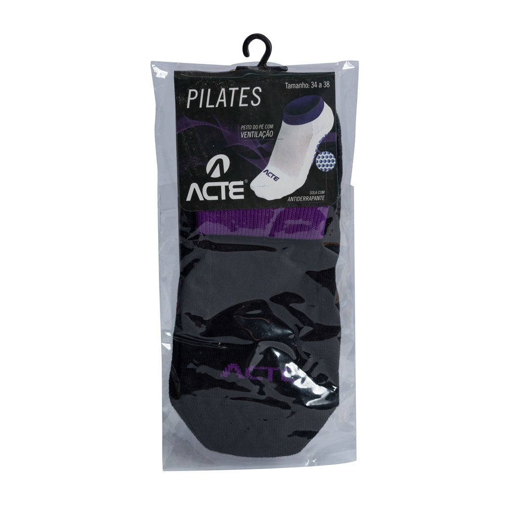 Meias Pilates Algodão Antiderrapante F3-PRX Preto Roxo Acte