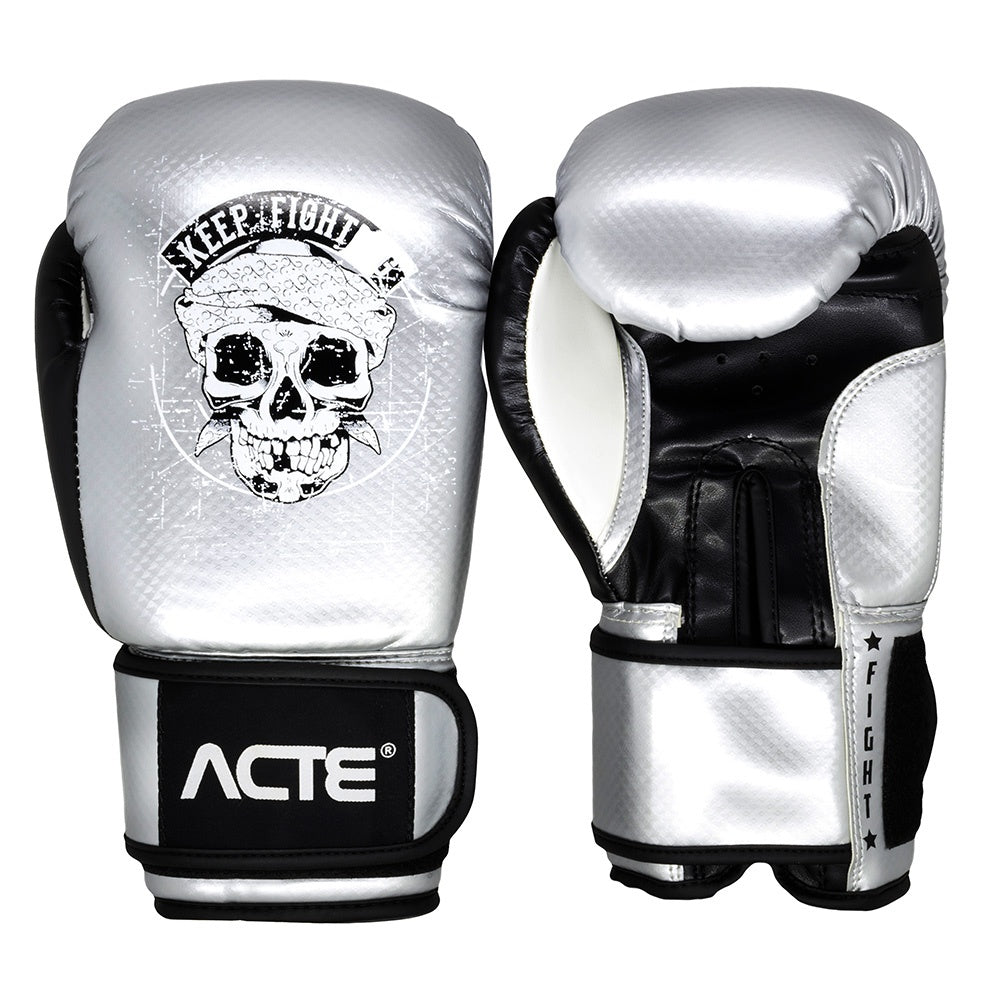 Luva Premium de Boxe e Muay Thai, Prata, Caveira, em PU, Tamanho 12oz, P14-12, Acte Sports