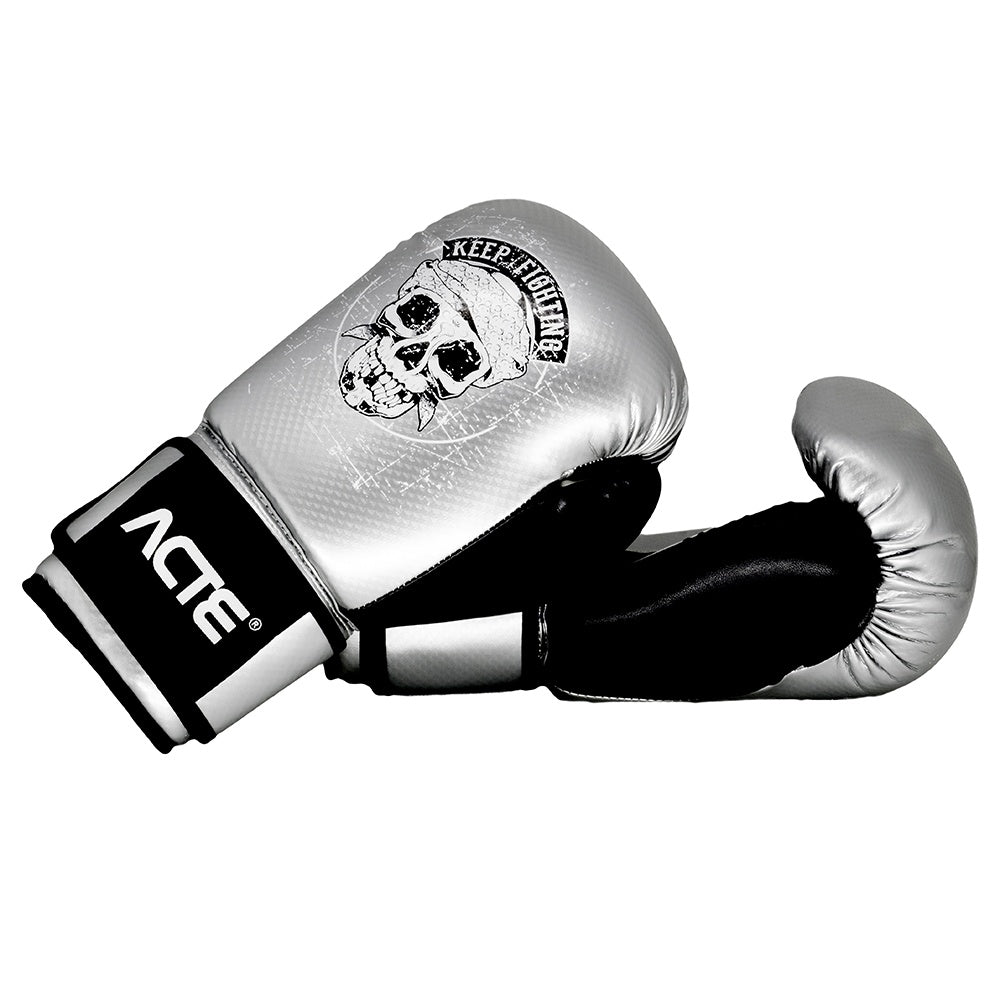 Luva Premium de Boxe e Muay Thai, Prata, Caveira, em PU, Tamanho 12oz, P14-12, Acte Sports