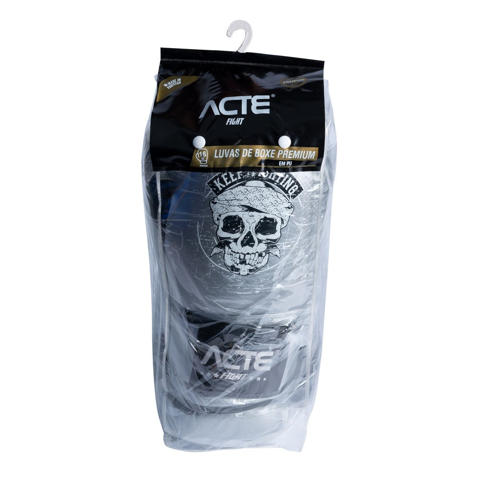 Luva Premium de Boxe e Muay Thai, Prata, Caveira, em PU, Tamanho 12oz, P14-12, Acte Sports