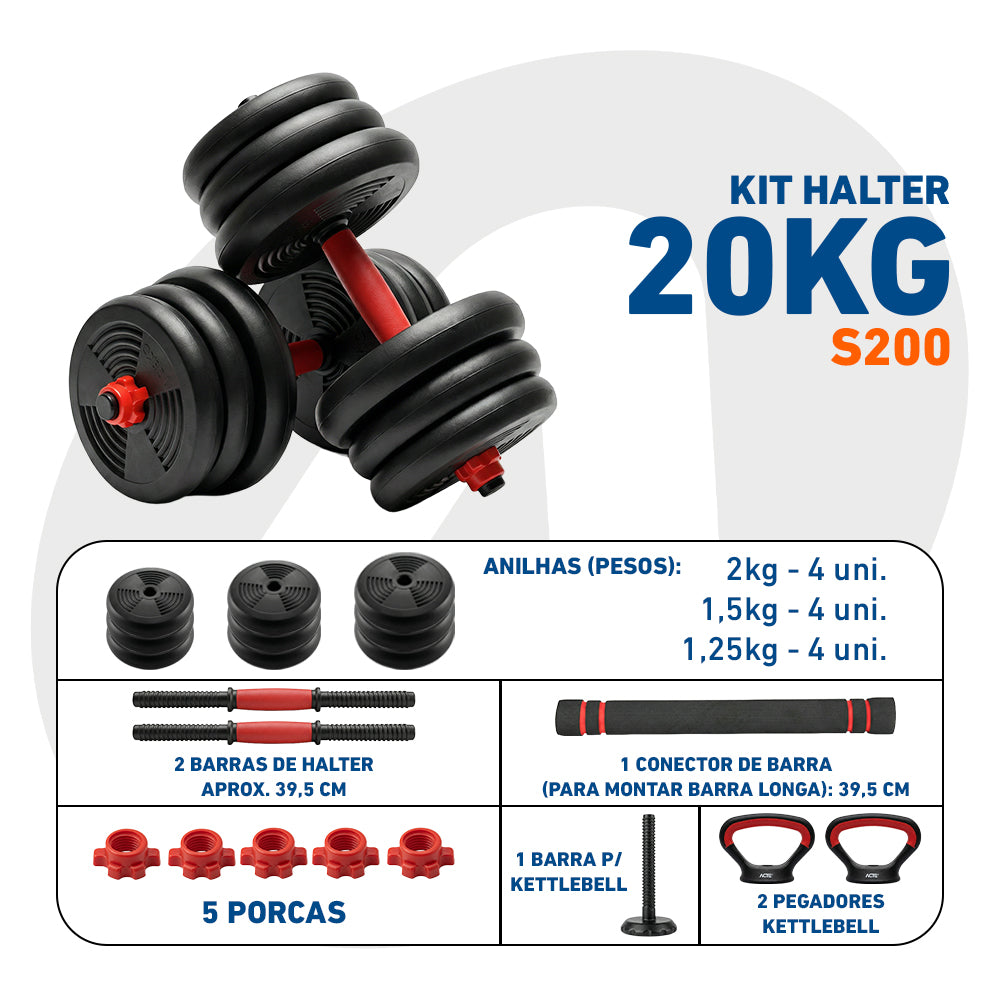 Kit de Halteres S200 até 20kg ACTE Ajustável 6 em 1 com Barra e Kettlebell
