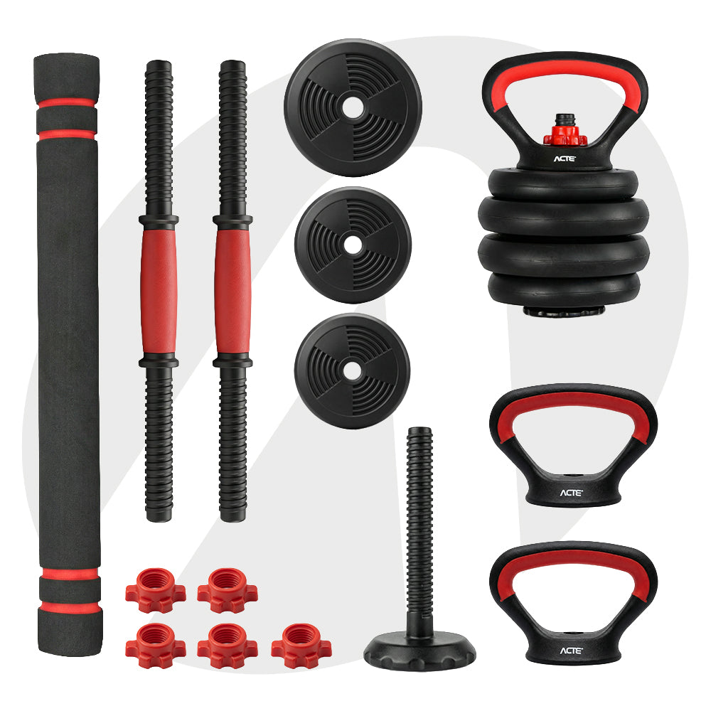 Kit de Halteres S200 até 20kg ACTE Ajustável 6 em 1 com Barra e Kettlebell