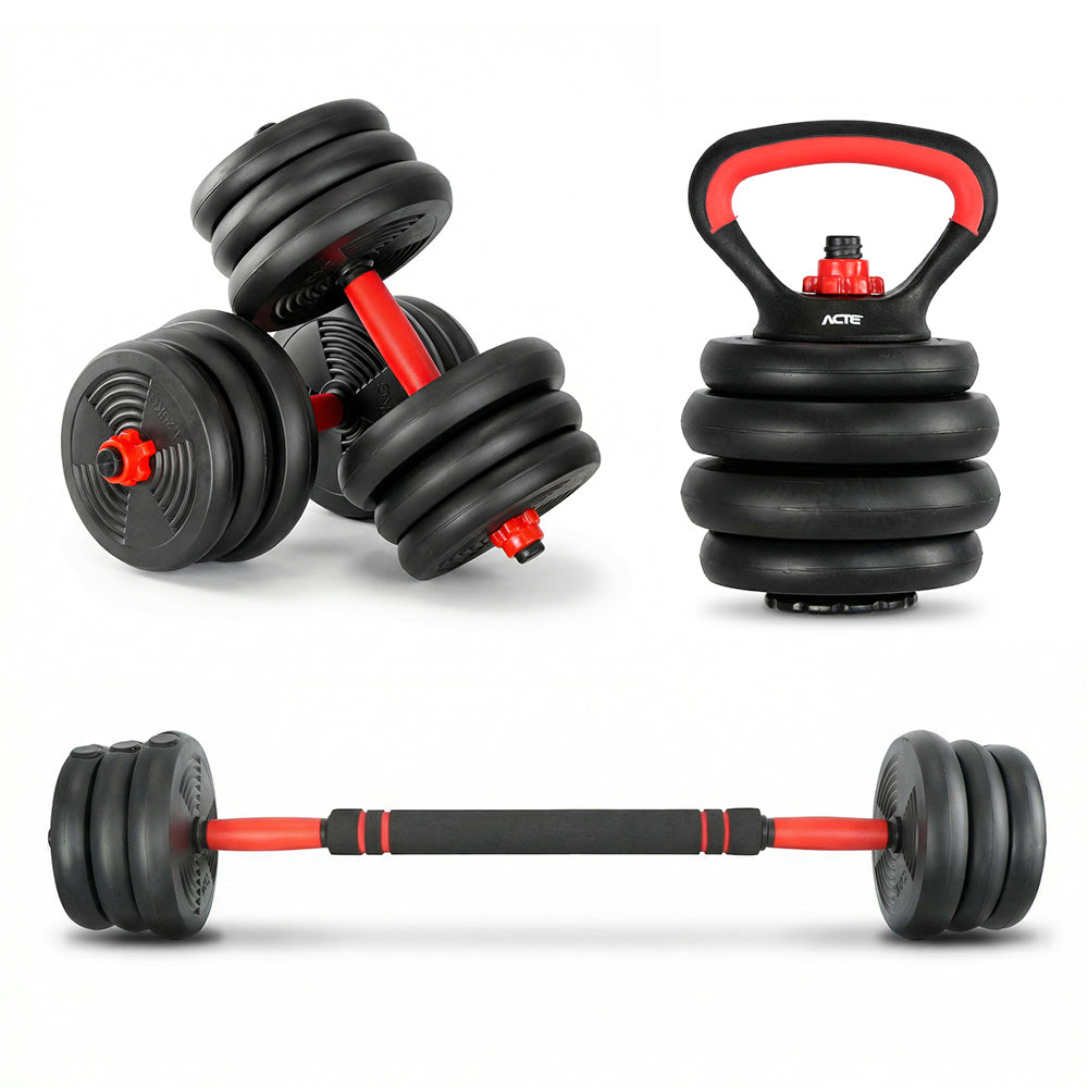 Kit de Halteres S400 até 40kg ACTE Ajustável 6 em 1 com Barra e Kettlebell