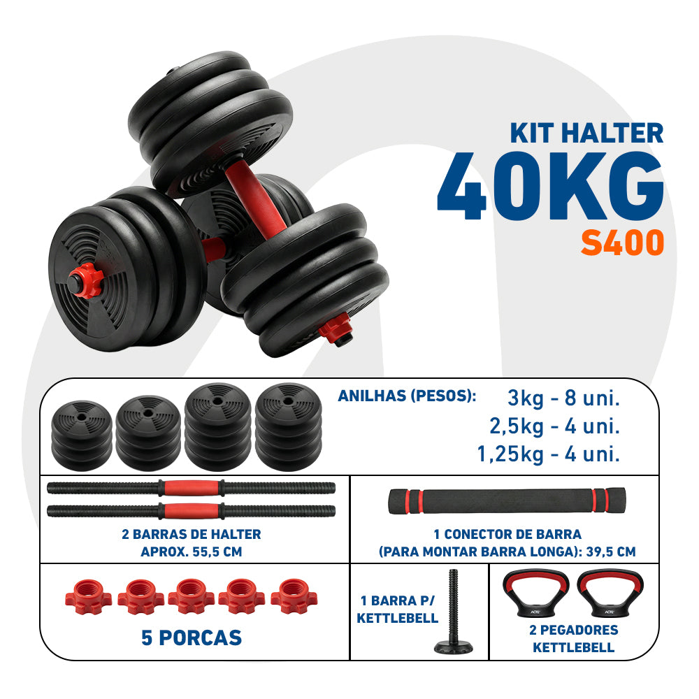 Kit de Halteres S400 até 40kg ACTE Ajustável 6 em 1 com Barra e Kettlebell