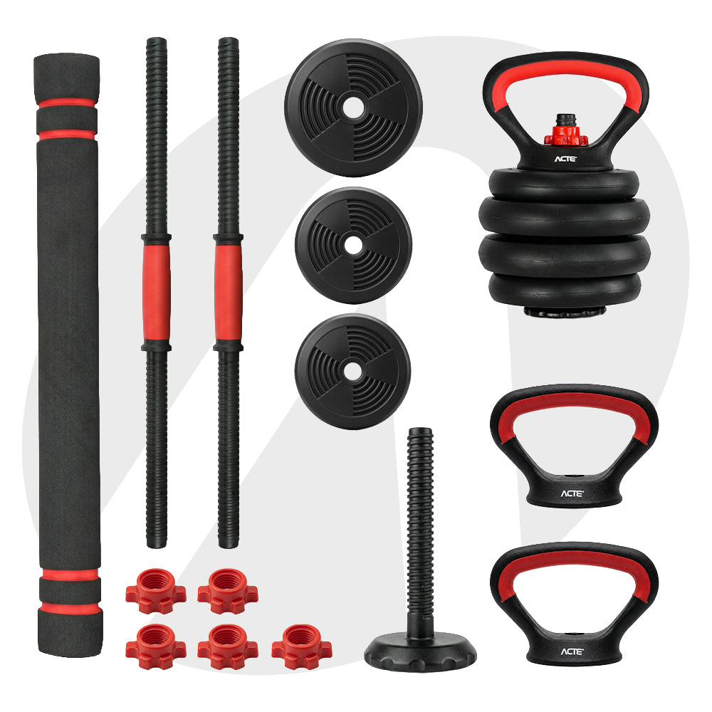 Kit de Halteres S400 até 40kg ACTE Ajustável 6 em 1 com Barra e Kettlebell