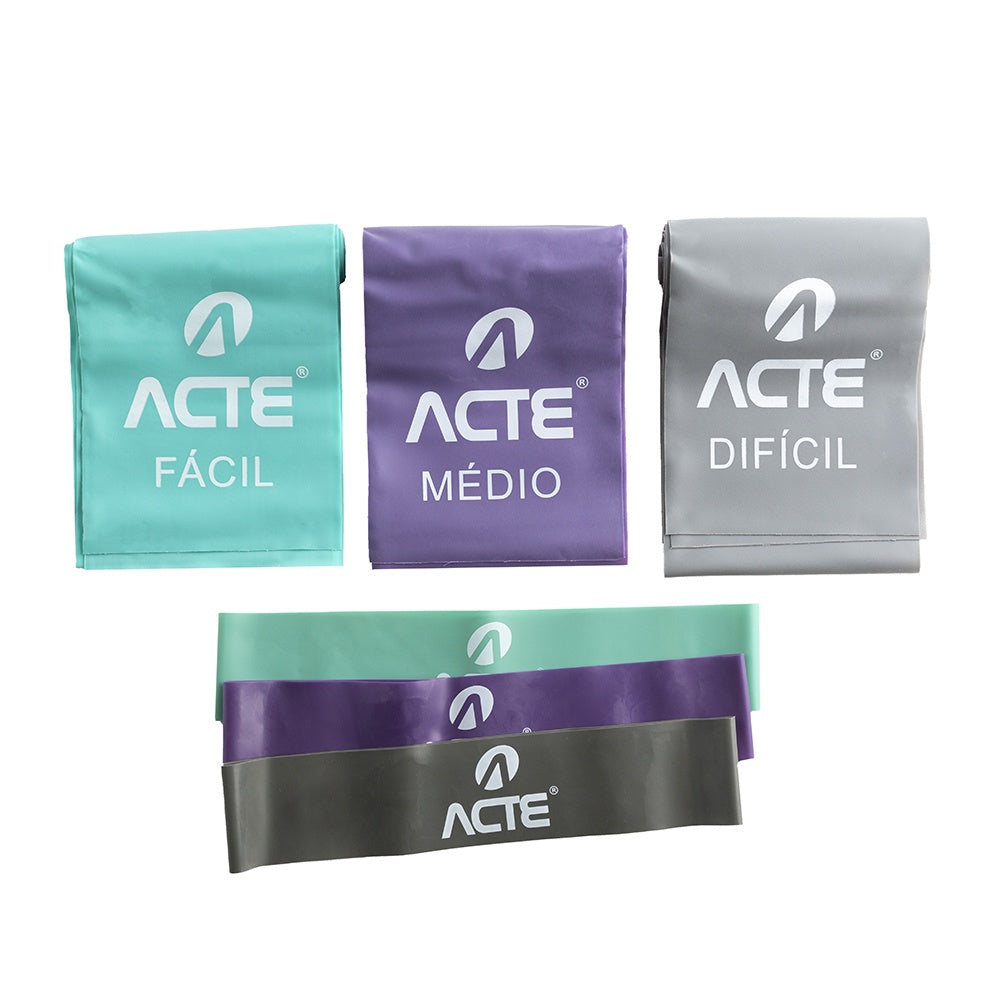 Kit 3 Faixas Elásticas + 3 Mini Bands Fácil / Médio / Difícil T270 Acte Sports