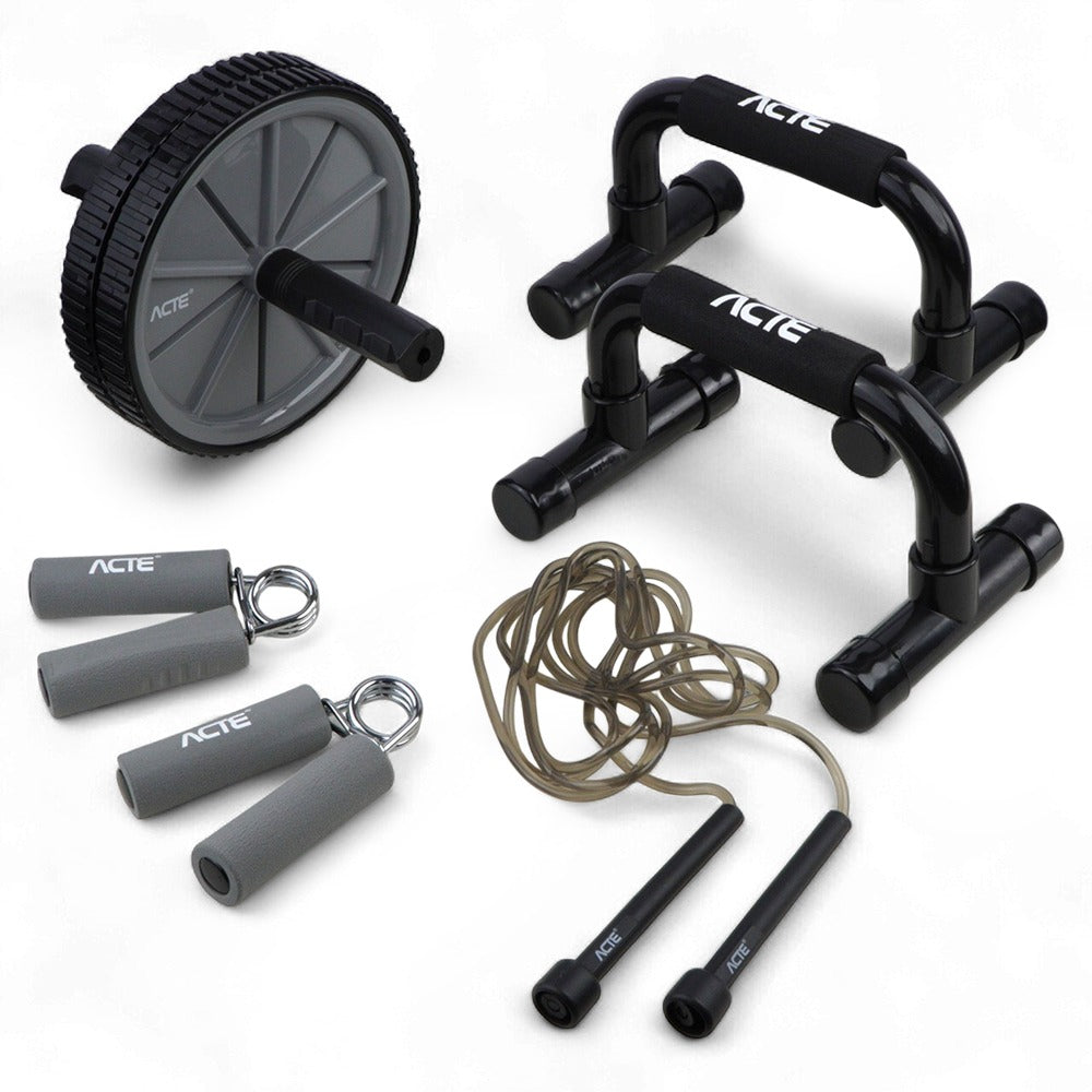 Kit de treino 1 Acte Sports T406 - Hand Grip, Apoio para Flexão, Roda Abdominal e Corda de Pular Ajustável