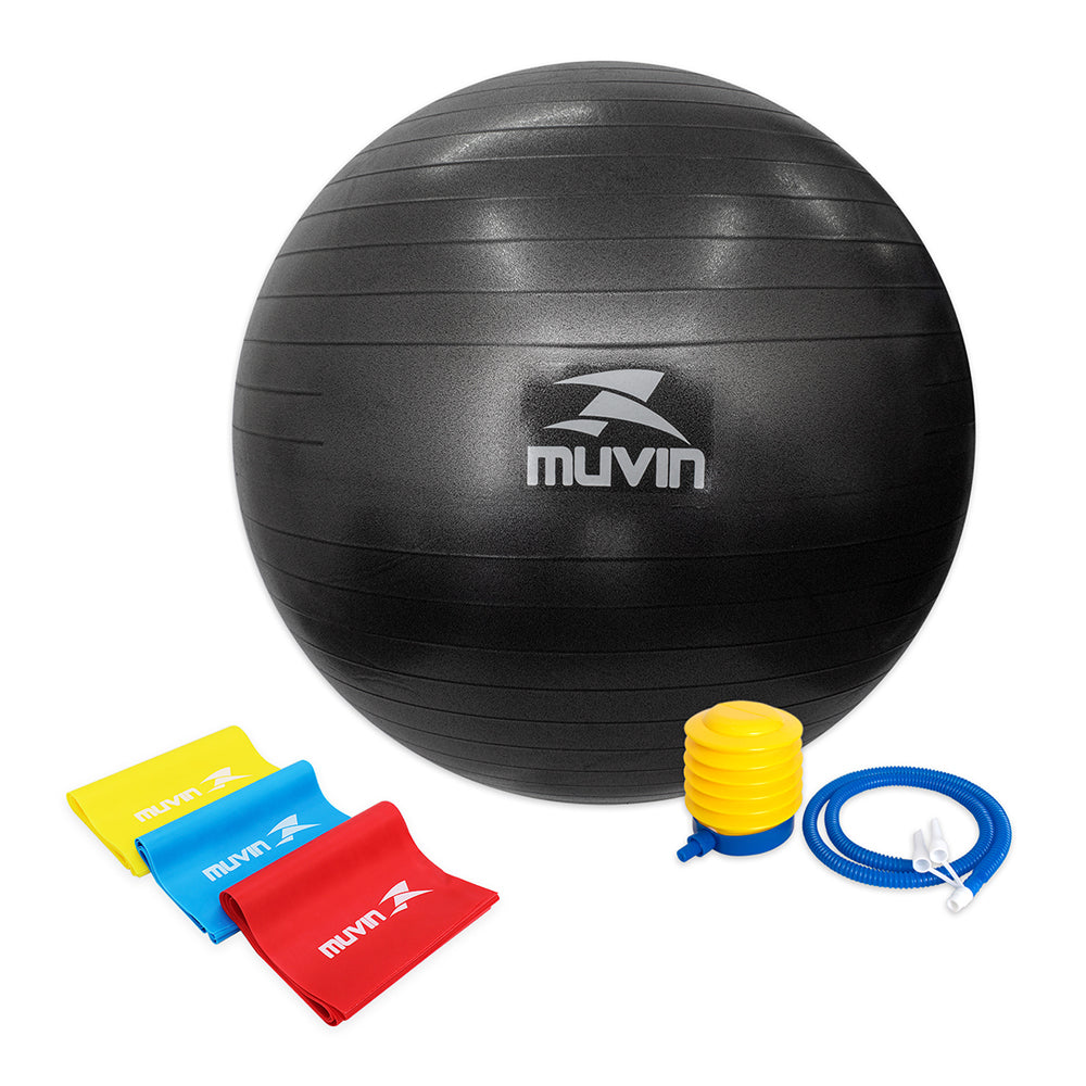 Kit Bola de Pilates 65cm + Kit Faixa Elástica 3 Tensões