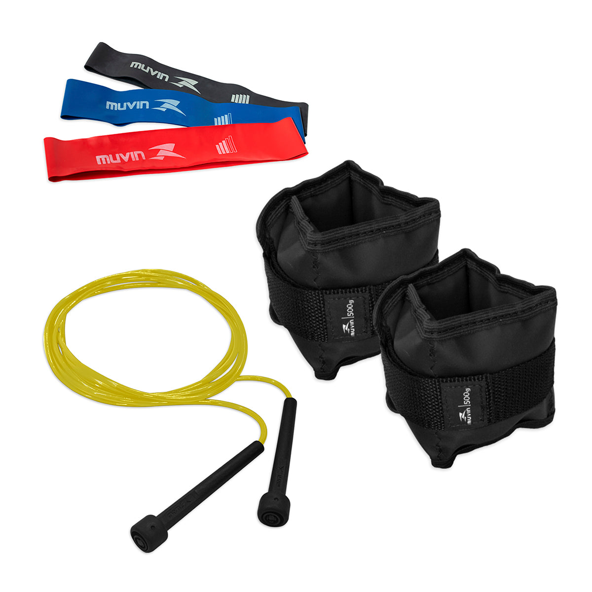 Kit Caneleira de Peso 0,5kg + Corda de Pular + Kit Mini Band 3 Tensões