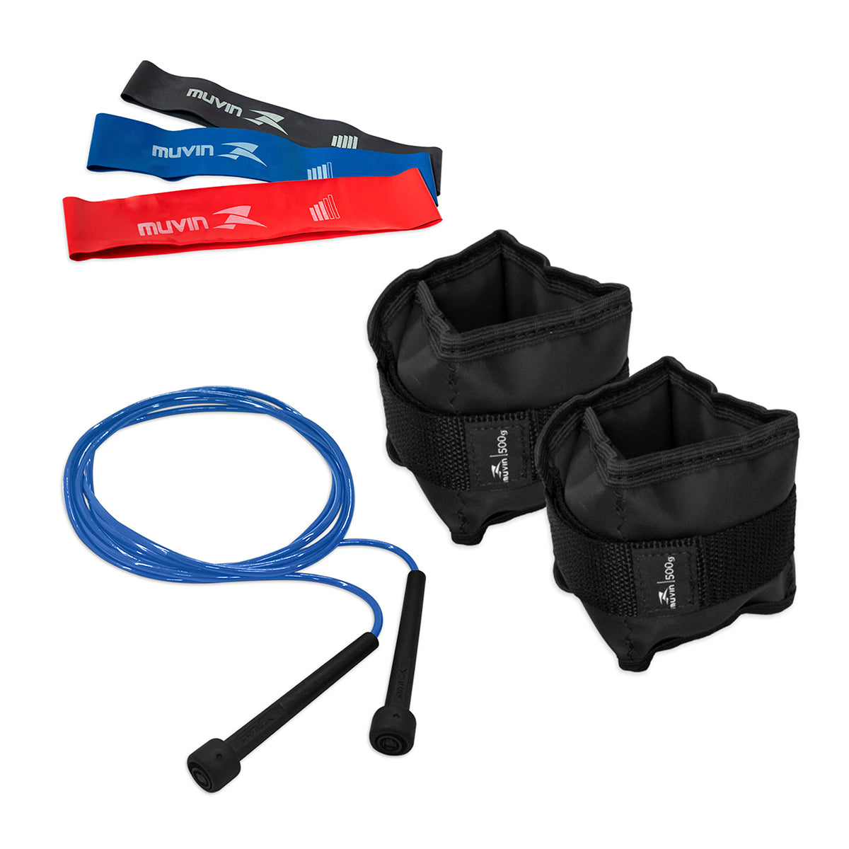 Kit Caneleira de Peso 0,5kg + Corda de Pular + Kit Mini Band 3 Tensões
