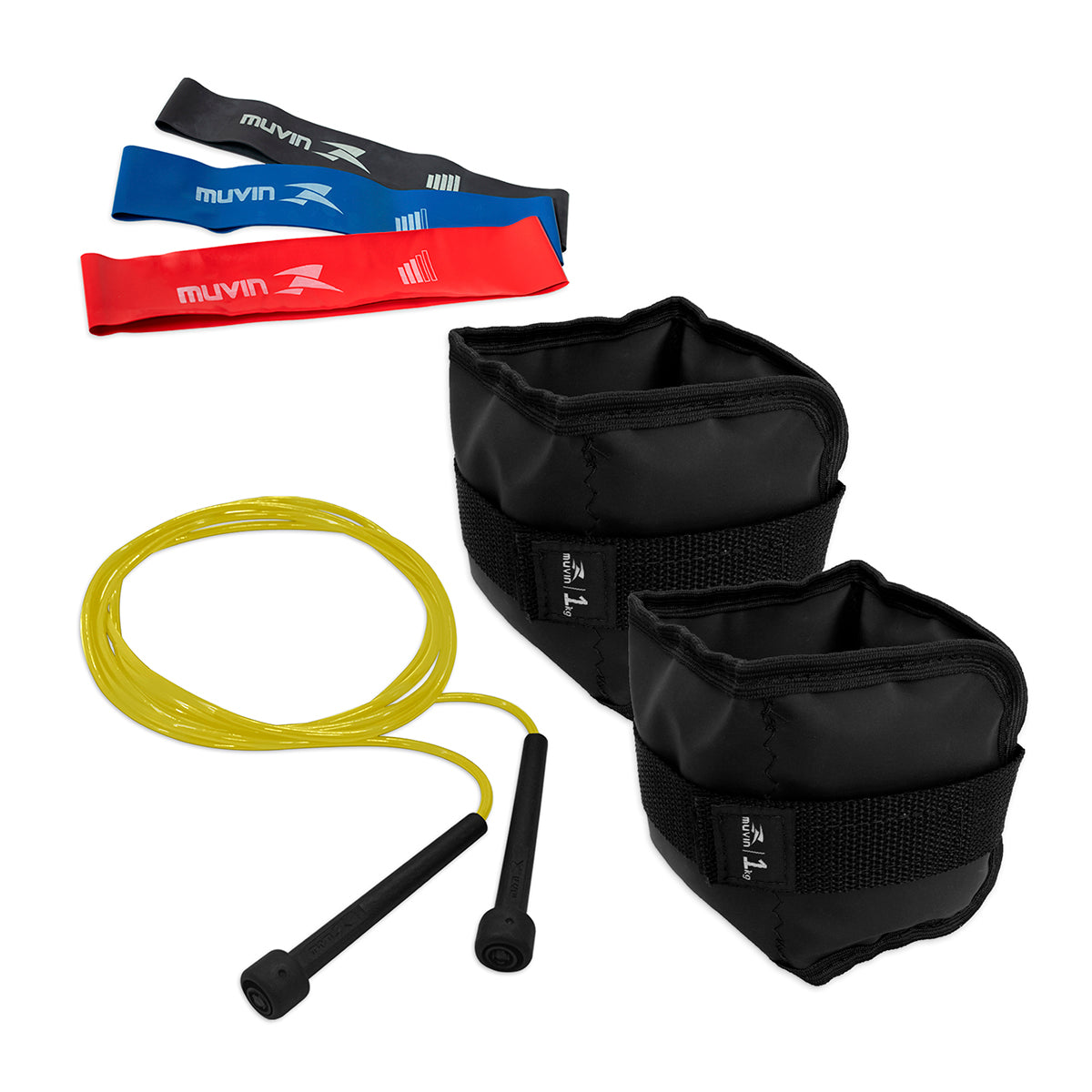 Kit Caneleira de Peso 1kg + Corda de Pular + Kit Mini Band 3 Tensões
