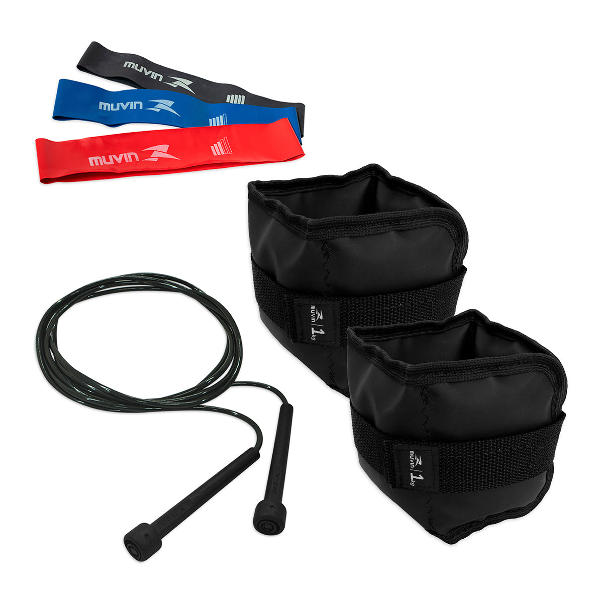 Kit Caneleira de Peso 1kg + Corda de Pular + Kit Mini Band 3 Tensões