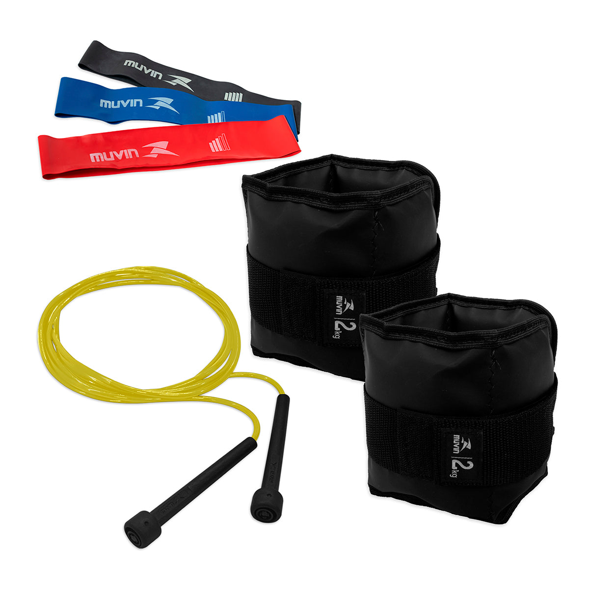 Kit Caneleira de Peso 2kg + Corda de Pular + Kit Mini Band 3 Tensões