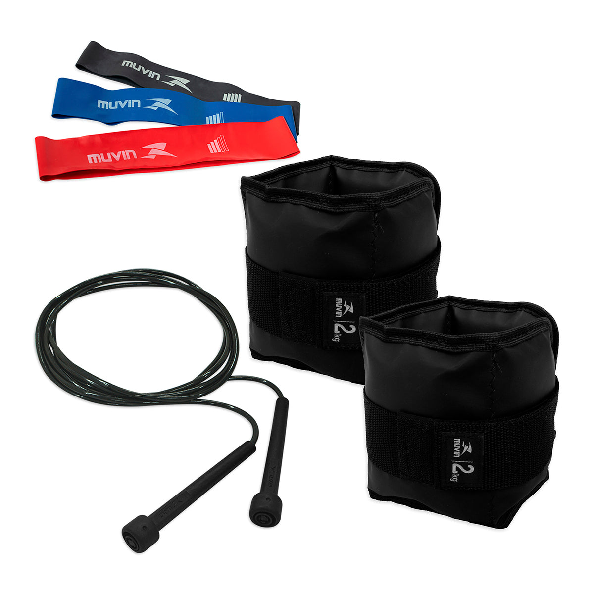 Kit Caneleira de Peso 2kg + Corda de Pular + Kit Mini Band 3 Tensões
