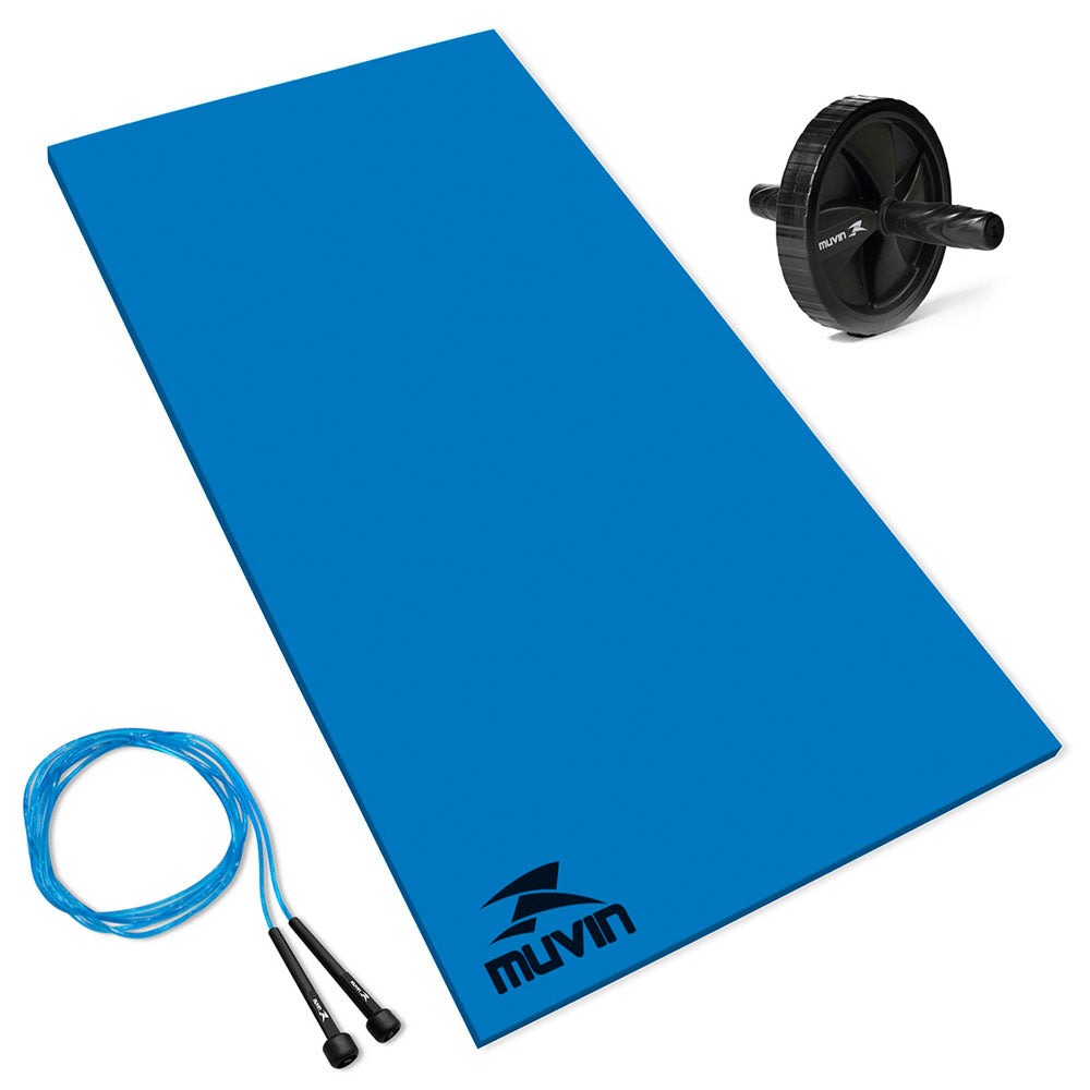 Kit Corda de Pular Ajustável + Roda de Exercícios Abdominais + Colchonete em EVA