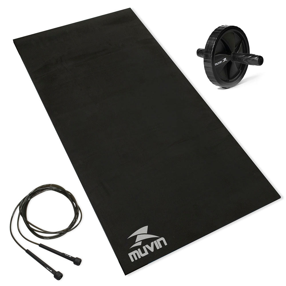Kit Corda de Pular Ajustável + Roda de Exercícios Abdominais + Colchonete em EVA