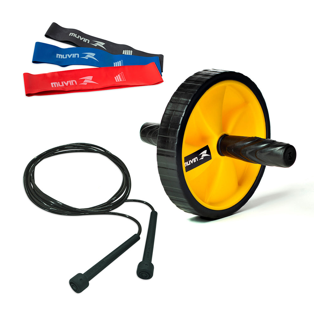 Kit Corda de Pular + Roda de Exercícios Abdominais + Kit Mini Band 3 Tensões