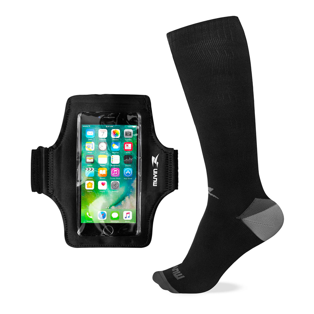 Kit Meia Cano Longo de Compressão Solid + Braçadeira Porta Celular